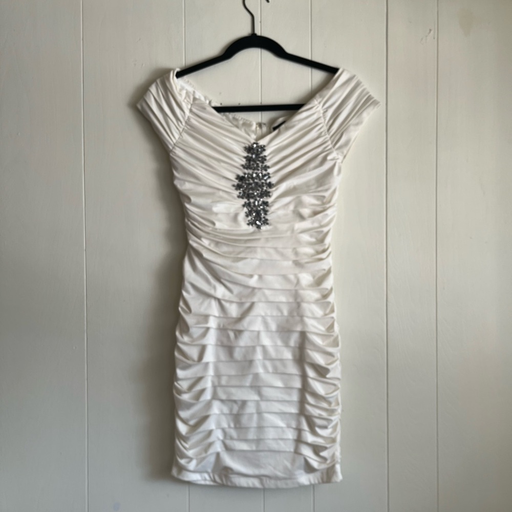 White Off-The-Shoulder Ruched Mini-Dress